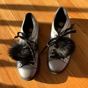 Pewter metallic sneakers with real fur Pom poms.